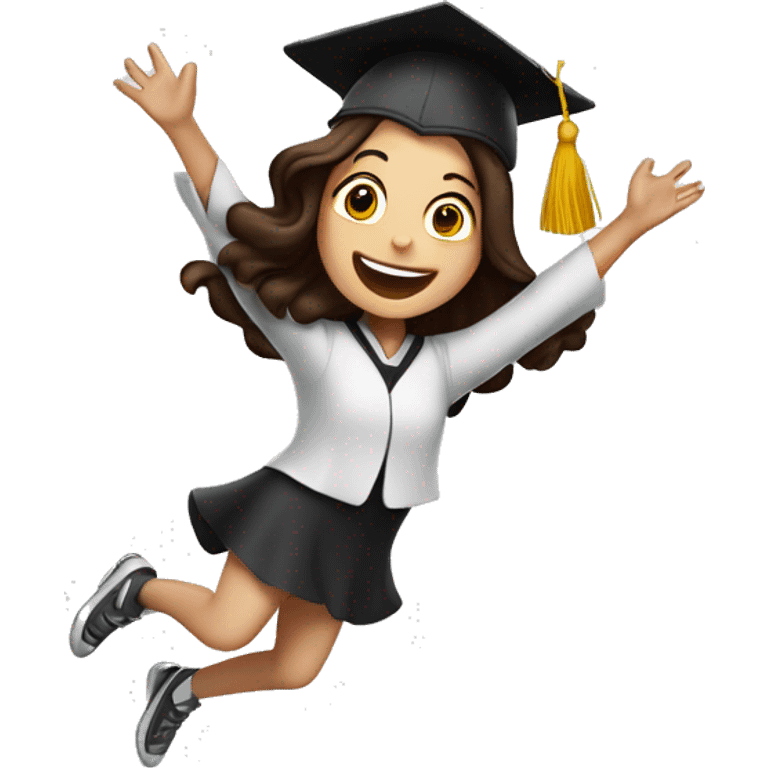 Girl with long dark brown hair jumping high in the air in celebrating graduation from cooking school emoji