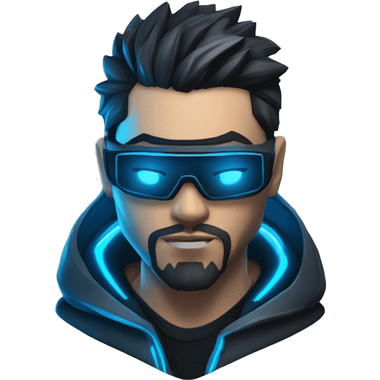 developer behind his laptop with this style : crysis Cyberpunk Riot Games Valorant neon glowing bright blue character blue black hooded assassin themed character emoji