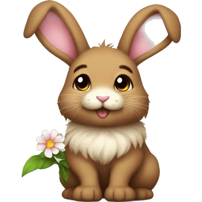 cute super fluffy brown bunny with a flower emoji