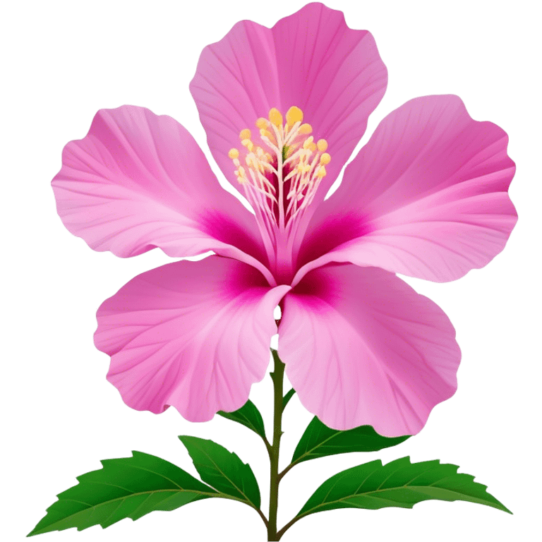 Cinematic Realistic image of a Mugunghwa flower (Rose of Sharon), rendered with delicate petal textures and vibrant pink hues, set against a minimalist background with gentle, diffused lighting that highlights its national significance emoji