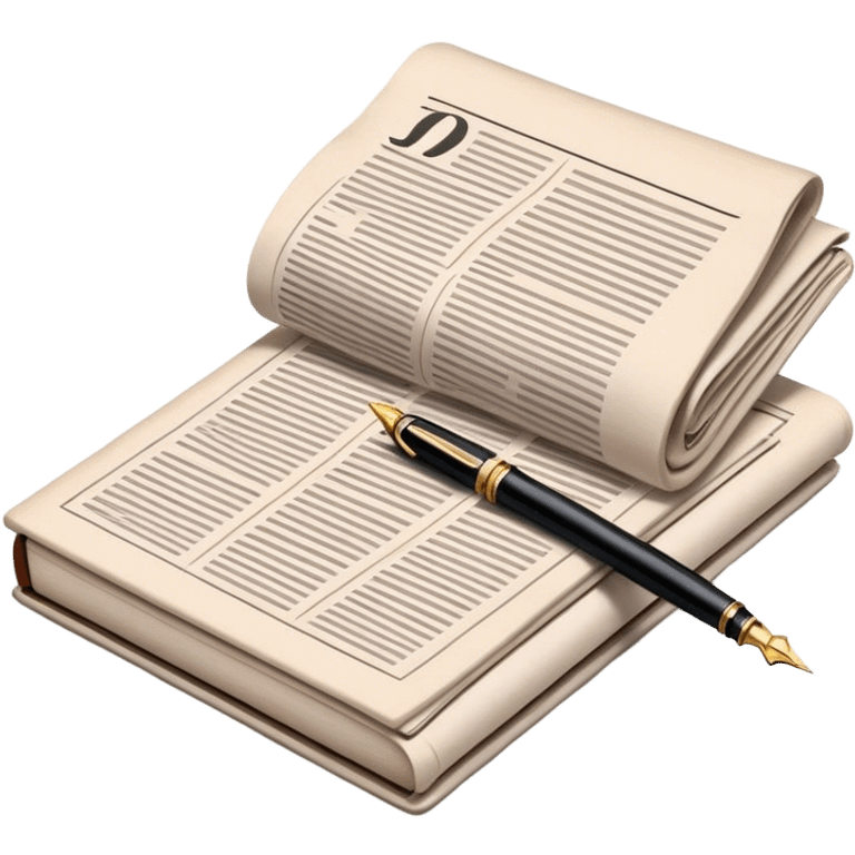 Create an emoji representing journalism and publicistic writing. The design should feature a stack of newspapers, an open notebook, and a single classic fountain pen placed on top of the notebook, symbolizing the act of writing. The scene should convey a sense of professionalism and thoughtful analysis. Use a neutral and professional color palette, with black, white, and muted tones. Do not include any emojis or smiley faces. Make the background transparent. emoji