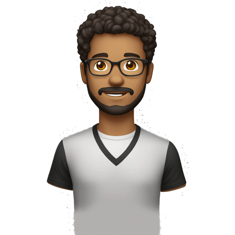 Jeune professeur cheveux noirs, yeux marrons foncés, à lunettes et barbu, avec une chemise noire et un t-shirt blanc emoji