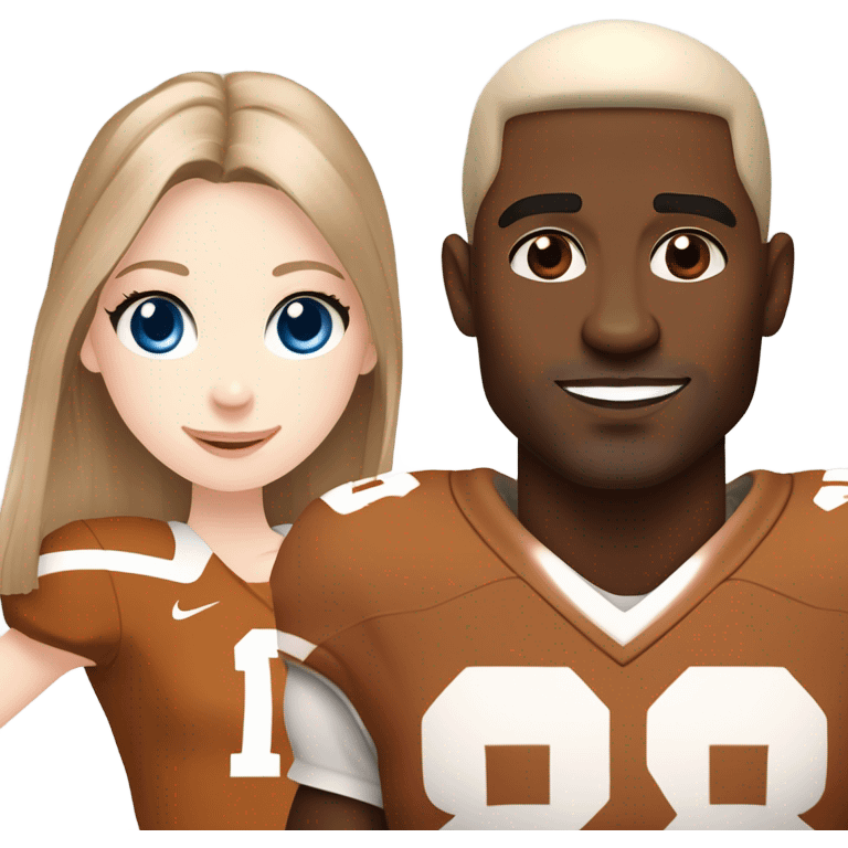 Beautiful girl, pale skin, blue eyes, long straight beautiful light brown hair, wearing Texas Longhorn football cheerleading uniform, standing next to handsome black man wearing Texas longhorn football jersey emoji