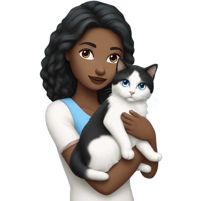 woman with black hair and holding a all white Siberian cat with blue eyes emoji