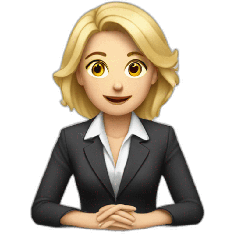 Blonde white woman wearing a suit sitting on the table telling the news towards the camera emoji