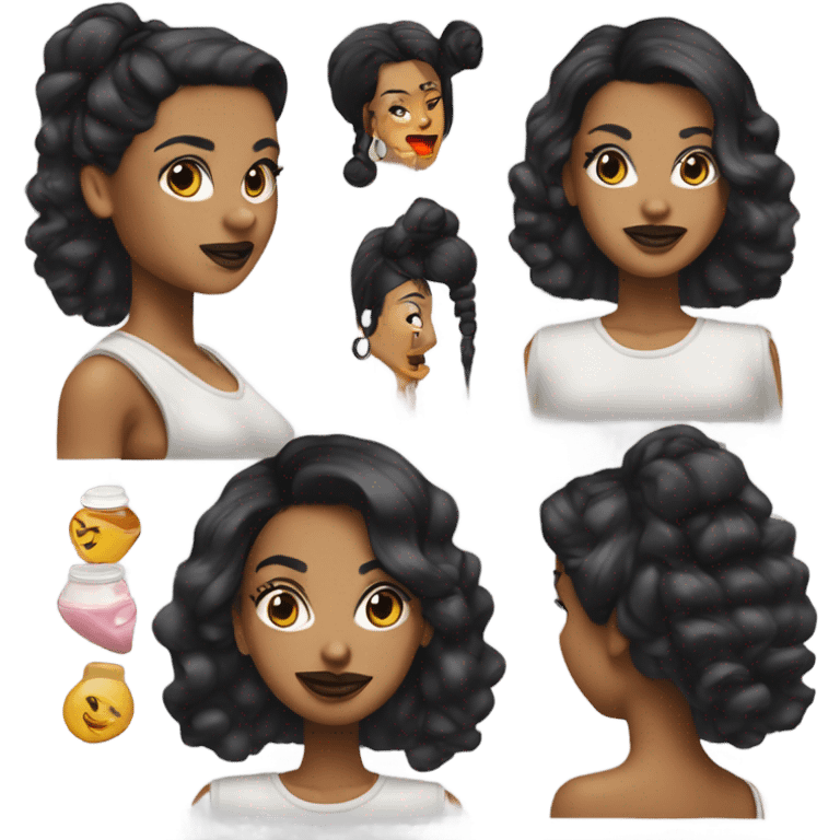 Tanned woman with black hair dressed in 1990s hip hop hair, makeup, and attire  emoji