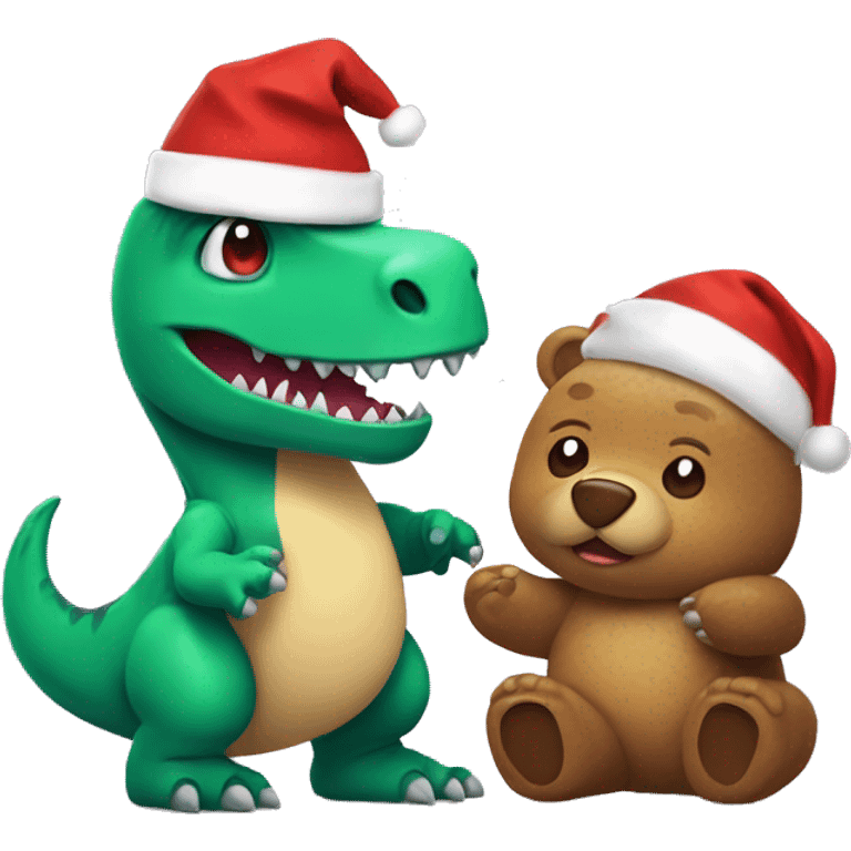 make a very cute trex with a xmas hat on holding a bear emoji