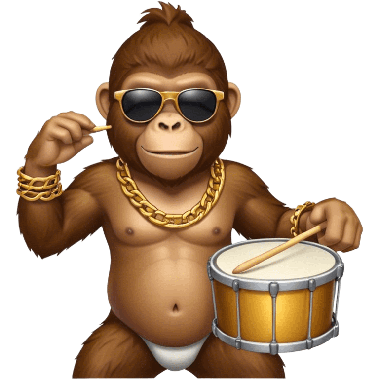 ape with big golden chain on the neck wearing sunglasses plays drum emoji