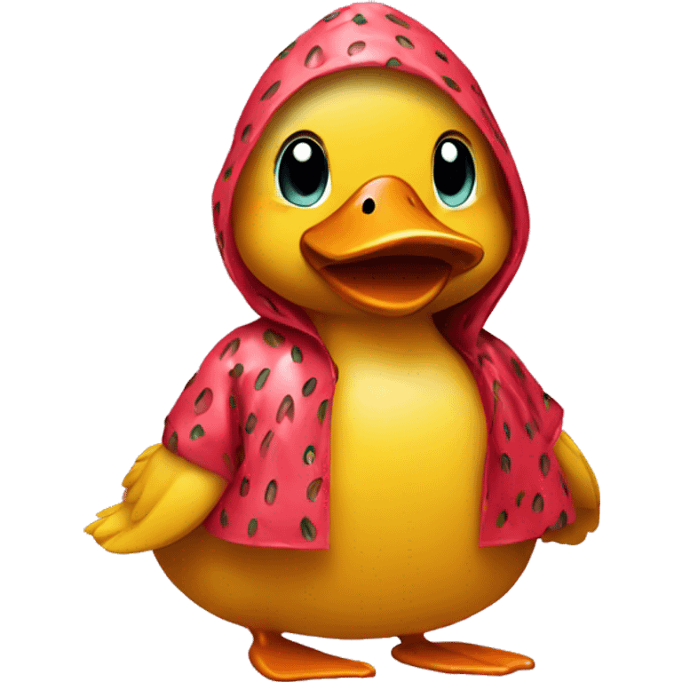 A duck wearing a strawberry raincoat emoji