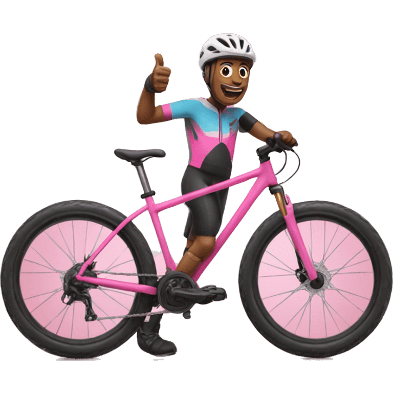 mountain biker on pink bike with thumb up emoji