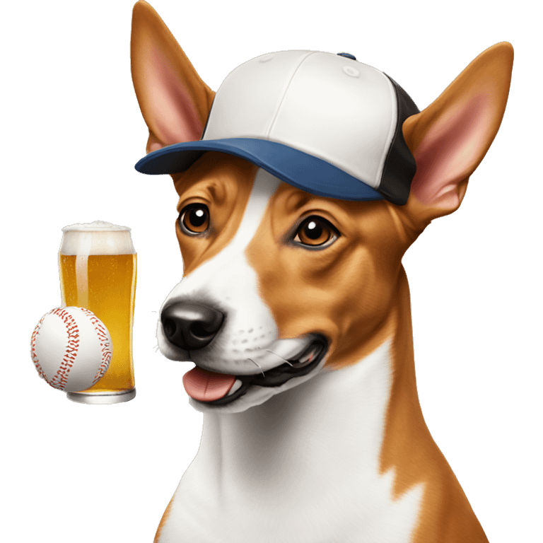 Basenji with a baseball hat holding beer emoji