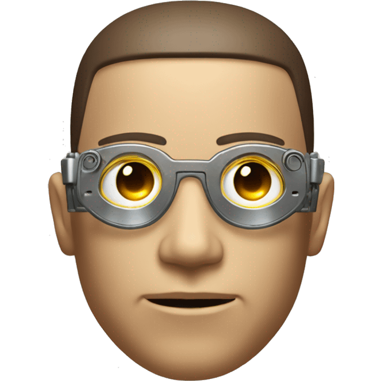 Male cyborg head with metallic plated face, brown flat top, glasses and circuits emoji