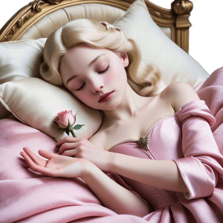 Cinematic Realistic Sleeping Beauty (Aurora) Portrait, with porcelain-like skin featuring a natural rosy flush, illuminated by soft lighting that highlights the gentle contours of her face. Her golden blonde hair flows in soft, detailed waves with subtle highlights that shimmer in the light. Her deep violet-blue eyes radiate warmth and innocence, framed by arched brows and long lashes. With a soft, serene smile, she holds a delicate rose gently in one hand, her other hand resting lightly by her side. She is dressed in her classic pink gown, the fabric rich in texture with delicate folds that catch the light. A golden crown rests atop her head, gleaming with royal refinement. The portrait captures a soft, glowing aura, blending realism with an ethereal sense of beauty and timeless enchantment. emoji