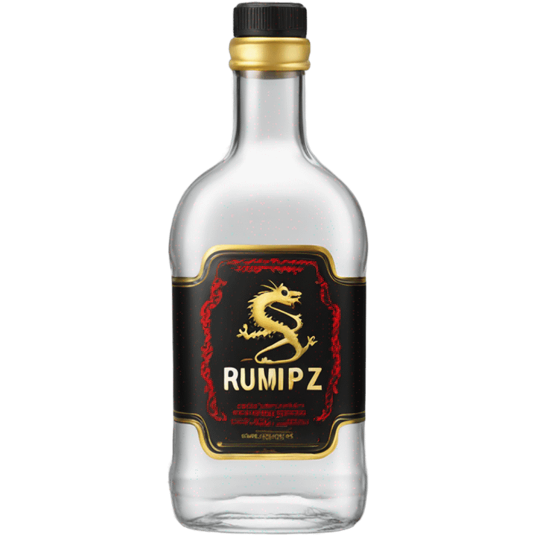 clear bottle of rumpleminze clear alcohol with a label that black with red border and font that has a small gold dragon on the label that says “RUMPZ” emoji