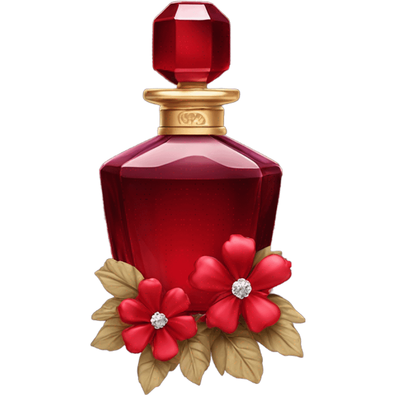 Dark red sophisticated perfume bottle with red stock flowers and a crystal ornament emoji