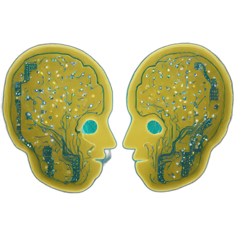 two brains connecting, a circuit-board style line between them, digital style emoji