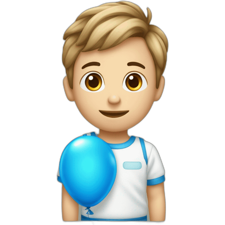 Un bambino in una culla con il fiocco azzurro e intorno tanti palloncini azzurri e una scritta MotiArt emoji