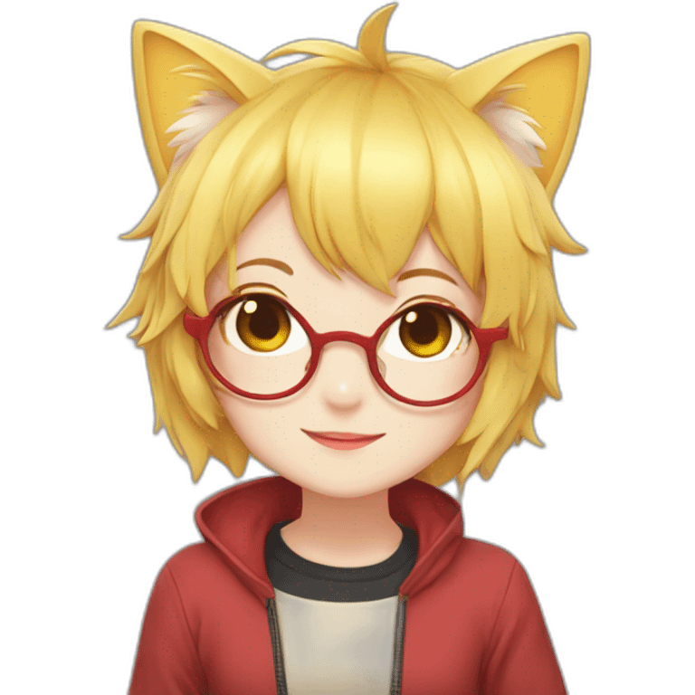 anime girl with short yellow hair, red glasses, cat ear, idol costume, happy emoji