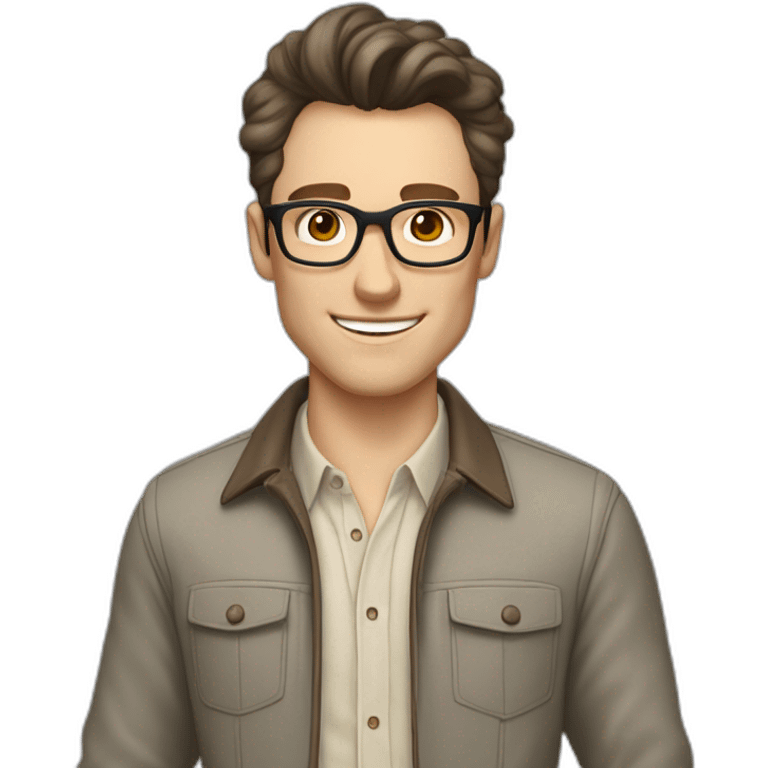 Joyful Pale skinned Fit Man With dark brown hair in gray jacket, beige office shirt, Brown pants and vintage glasses. His thrumbs up emoji