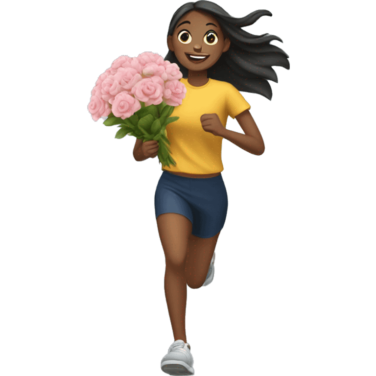 Girl running holding flowers emoji