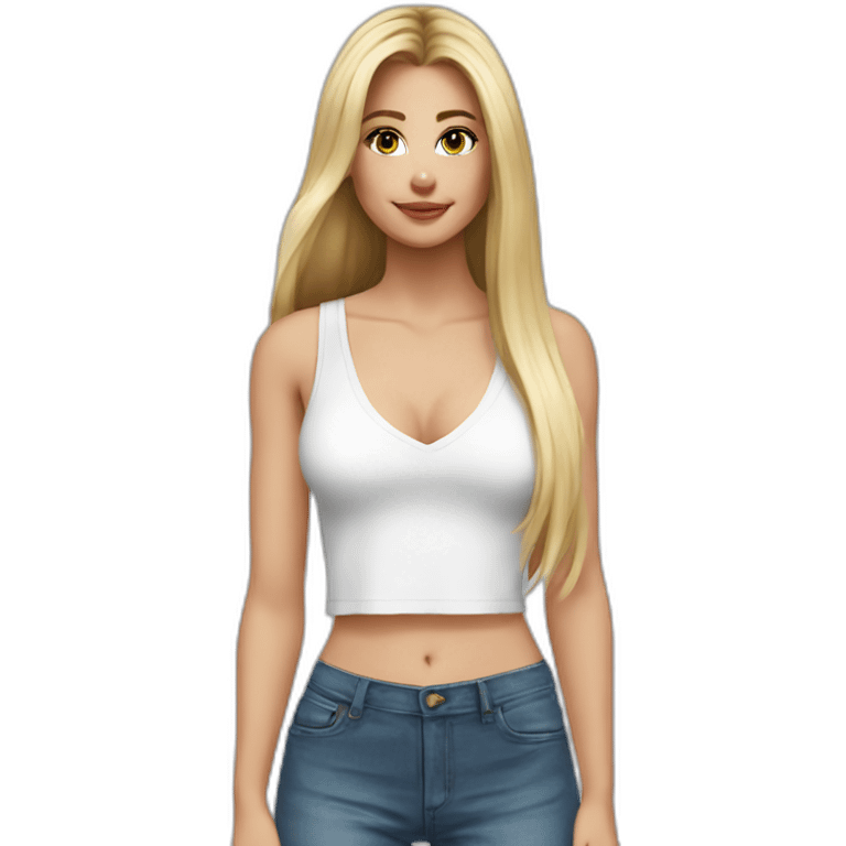 hyperrealistic caucasian blonde, long straight hair, white deep v-neck crop tanktop emoji