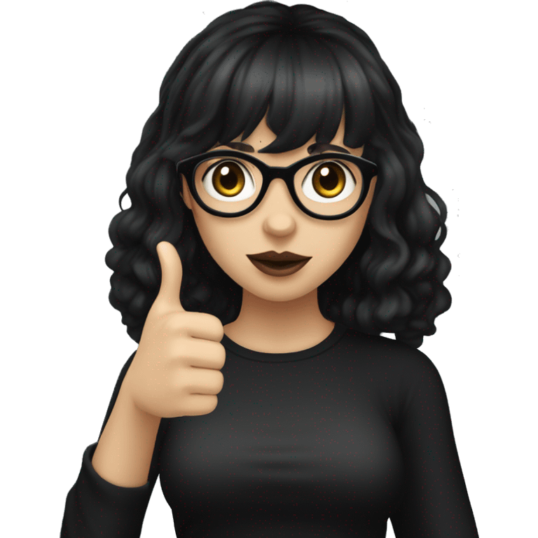 Gothic girl with pale but not white skin, black wavy shoulder length hair, black glasses, hazel eyes, dark under eyes, mole under right eye, front bangs, and a black t shirt doing a thumbs up emoji