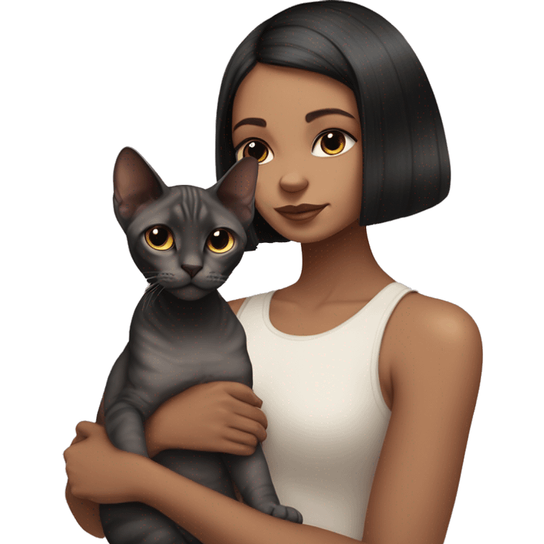 a girl with a dark bob haircut holds two sphinx cats in her hands, one cat is pink, the other is black and white emoji