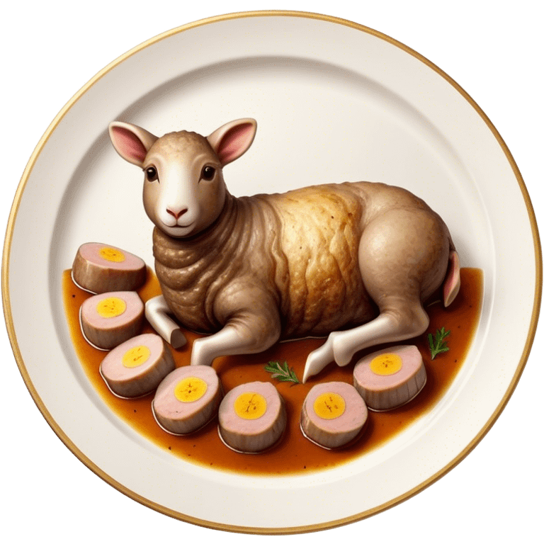 Roast Lamb Cinematic Realistic Roast Lamb Dish Emoji, depicted as thinly sliced roast lamb arranged artfully on a plate, rendered with rich textures and warm, inviting lighting. emoji