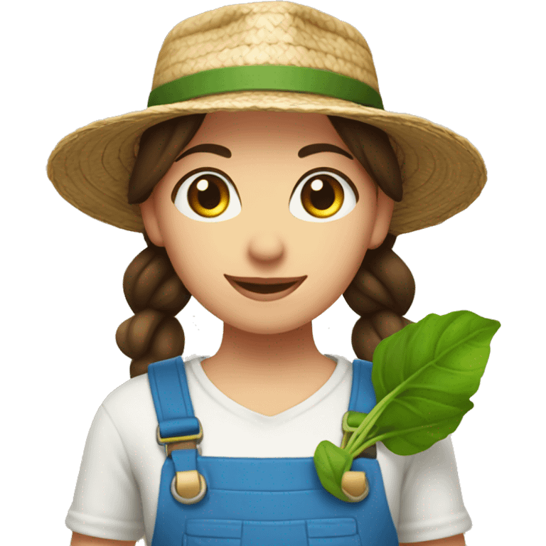 farmer girl, bright blue eyes, dark brown hair, with a straw hat, ponytail, holding greens emoji