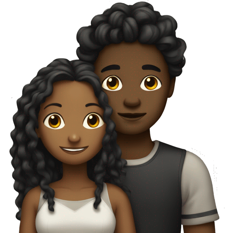 Brown girl with wavy hair hugging black boy who has dreads  emoji