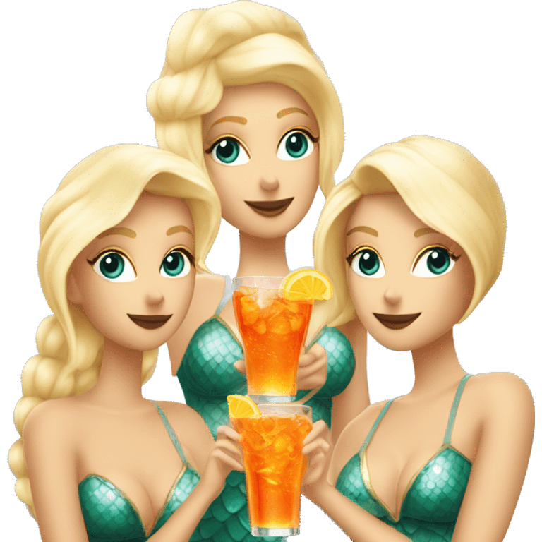 Three blond beautiful mermaidsdrinking aperol spritz emoji