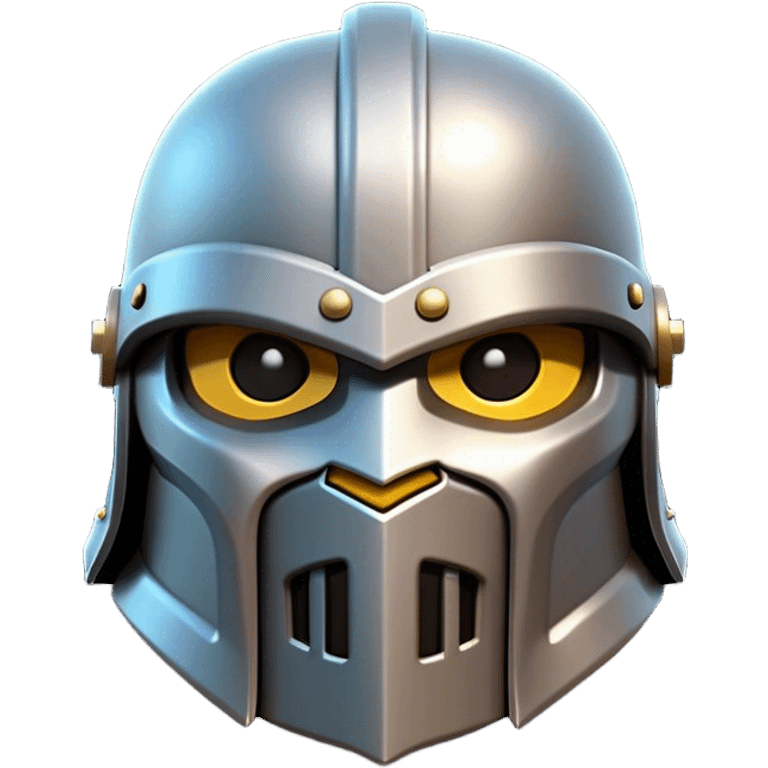 Clash of Clans aesthetic: Cinematic Playful 3D Isometric steel helm Emoji, rendered in a 3D vector-style similar to standard emojis with minimal shading and bold, simplified shapes. A compact, distinct form with signature details, softly glowing with a fantasy RPG magic charm. Simplified yet unmistakably iconic, highly detailed and consistent, glowing with a soft radiance and high shine. Stylized with a touch of heroic grandeur and a soft glowing outline, capturing the essence of a beloved gaming relic with a friendly, playful manner! emoji