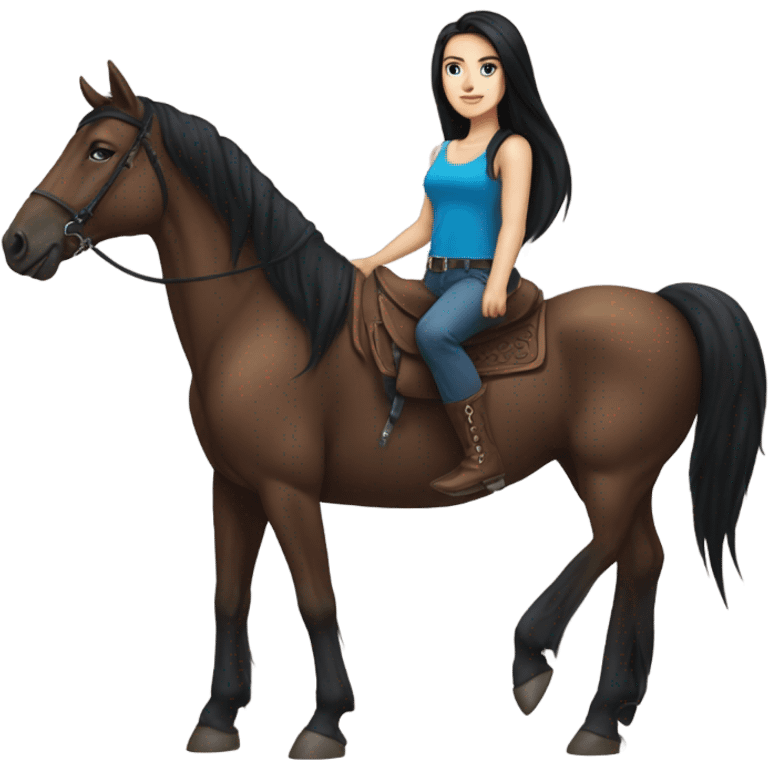 very pretty brunette with blue eyes and long black straight wearing shorts and a thigh tattoo hair riding big brown horse  emoji