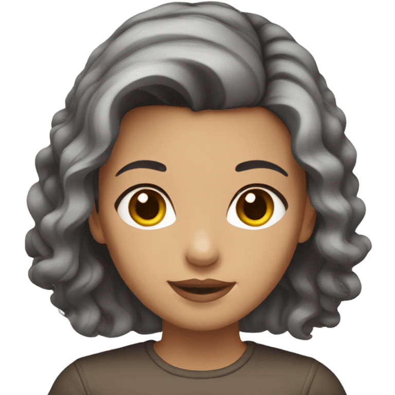 Girl with medium length brown hair with gray highlights, brown eyes and brown eyebrows emoji