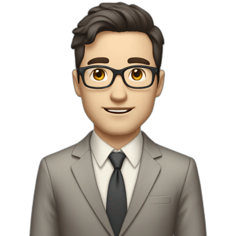 Full height Pale skinned Fit Man With dark brown hair in classic gray suit, beige office shirt, dark gray tie, and vintage glasses. His hands lock emoji