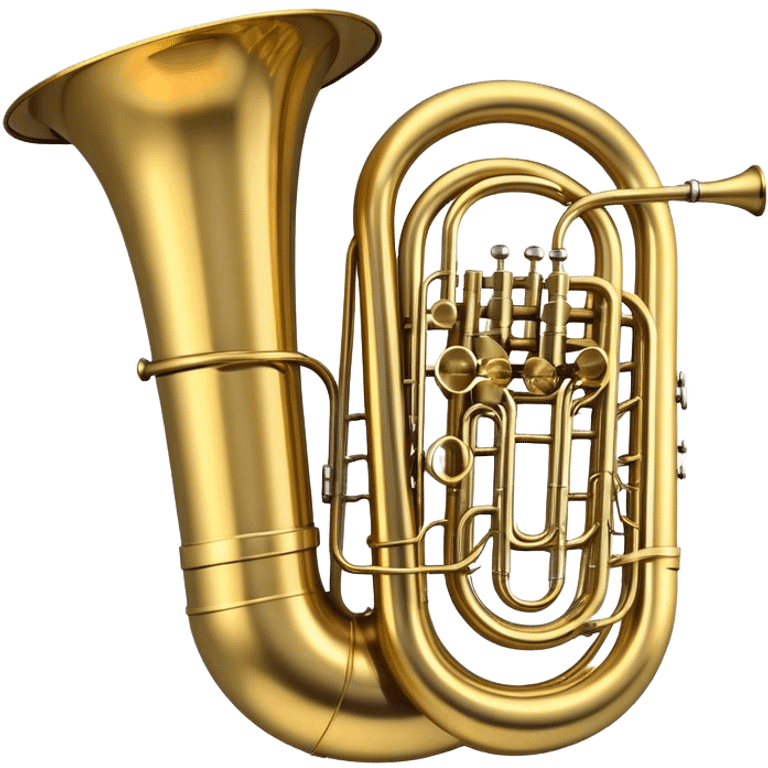 Create a large and bold emoji representing a tuba. The design should feature the tuba’s iconic, large, curved brass body, with its wide bell and tubing wrapping around. Highlight the visible valves and their metal buttons, showcasing the characteristic structure of the instrument. The brass finish should be shiny, with golden tones and subtle reflective light effects to highlight its polished surface. Add soft musical notes or soundwaves emanating from the bell to evoke the deep, resonant sound of the tuba. The background should be transparent. emoji