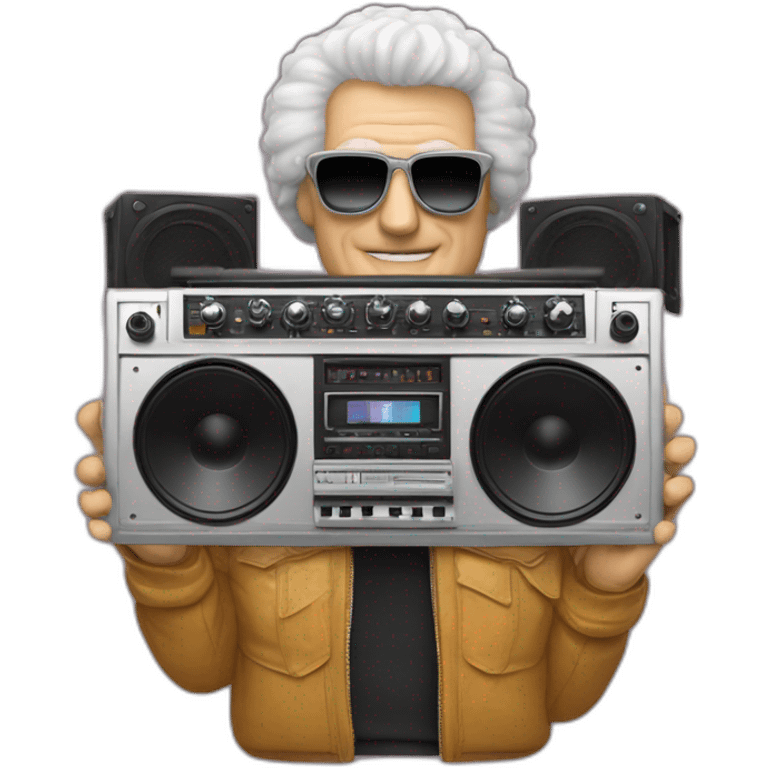 Bob Moog holding up a boombox emoji