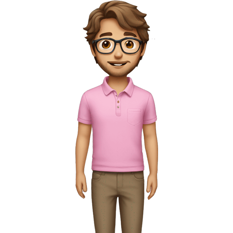 brown hair boy with beard small kids glasses and pink polo emoji