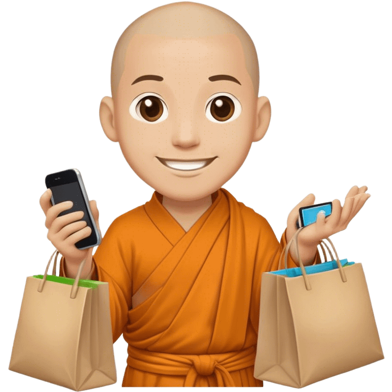 monk shopping, with bags of stuff he bought, smiling, with his iphone in another hand emoji