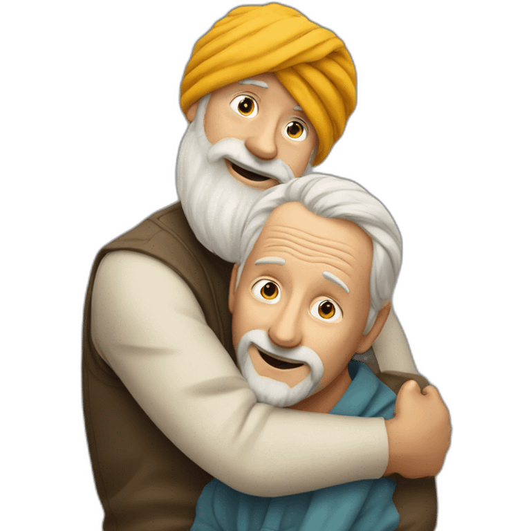 Turban older Man from africa hugs taller blond beard European man emoji