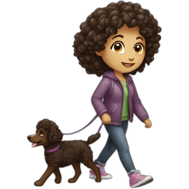 dark curly haired European young woman, walking her dog emoji