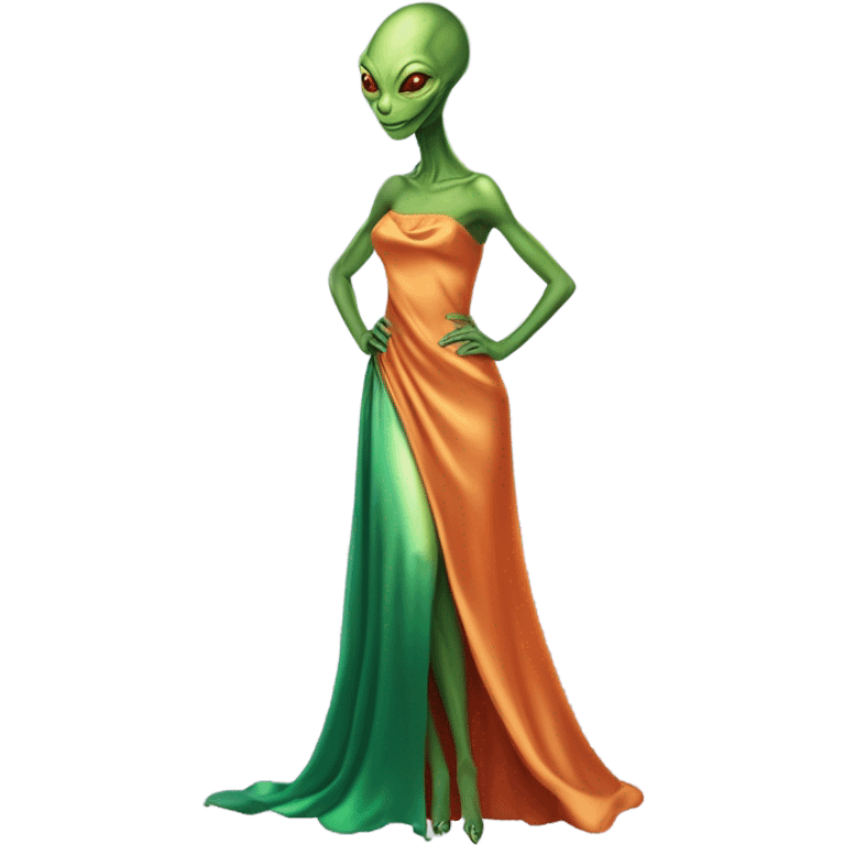 reptilian green alien woman, in long slim pastel orange formal party satin dress with gradient shiny sparkling dark red, full figure, full body emoji