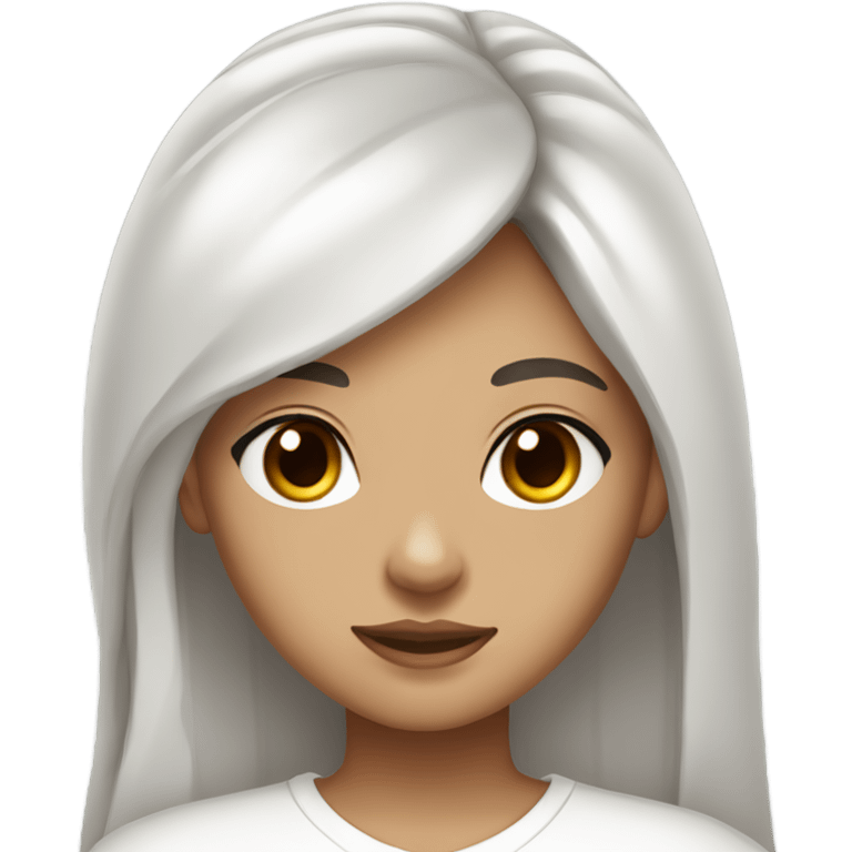 Girl with white brown skin dark brown eyes wearing a white shirt with a silver necklace  and black brown long hair with bangs emoji