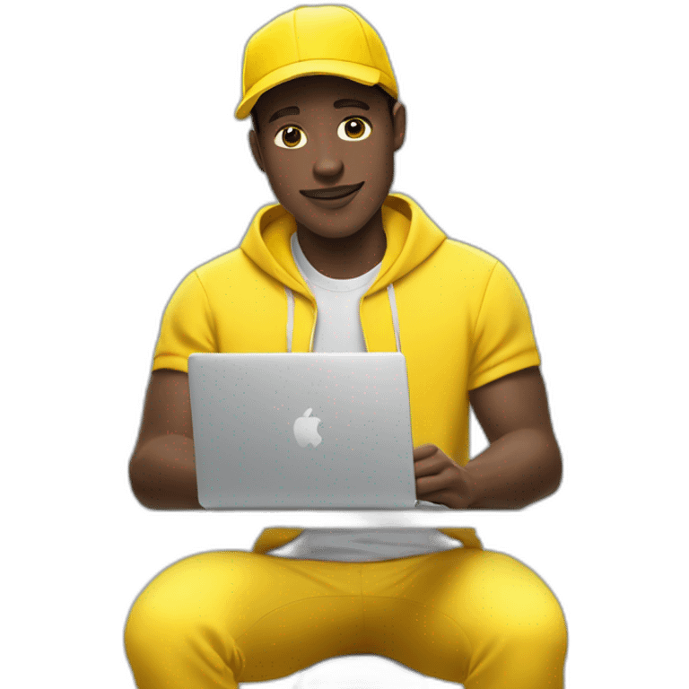 Dark-skinned guy in yellow outfit, sporting a yellow Nike cap, and using a yellow computer. 🌟🧢💻 emoji