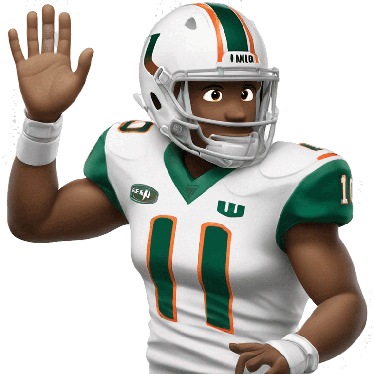 White Miami Hurricanes Football player with Green jersey wearing number 10 holding up the “U” hand signal emoji