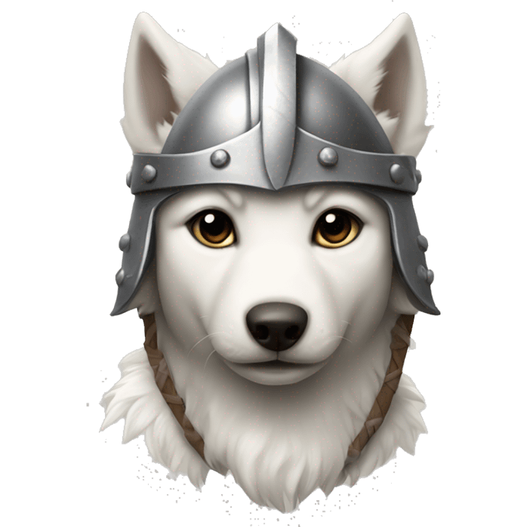 White wolf puppy wearing a viking helmet emoji