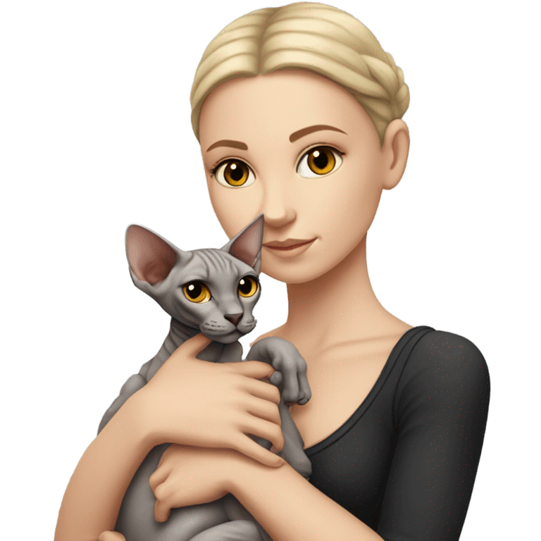 A white girl holds a sphinx cat in her arms emoji