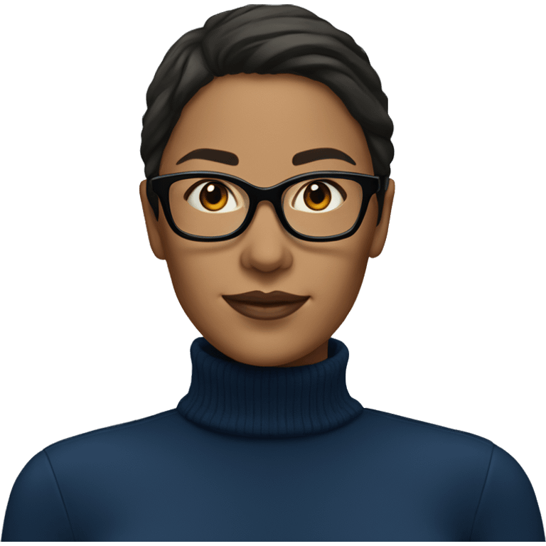 Woman with dark brown hair and glasses wearing a dark blue turtleneck  emoji