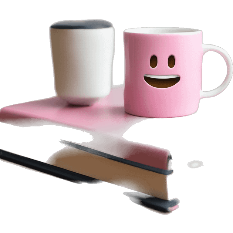 a white coffee mug is standing on a pink book emoji