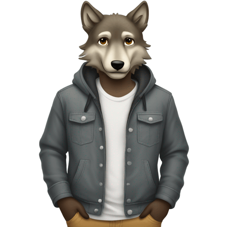 Wolf wearing chill guy clothes with hands in pockets emoji